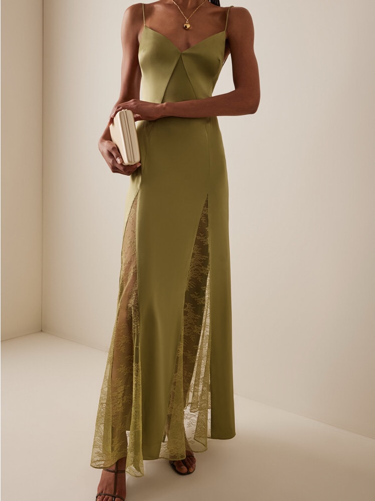 Staud Trinity Lace-Inset Silk Maxi Slip Dress